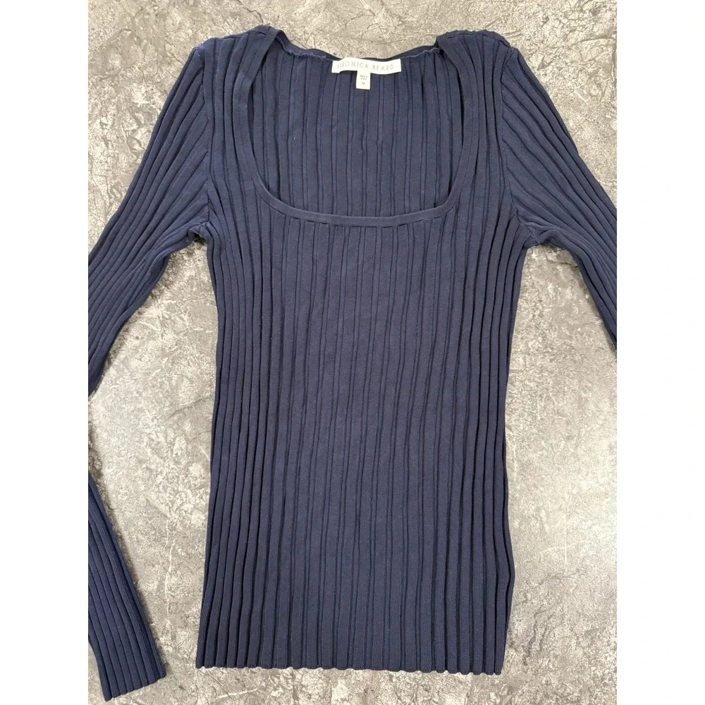 Veronica Beard Womens Clara Scoop Square Neck Wide Rib Stretch Sweater Navy Sz M - Picture 6 of 10